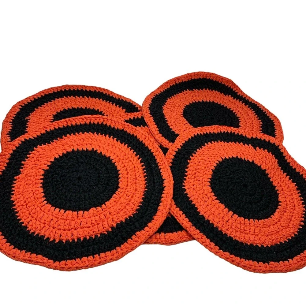 Handmade Round‎ Crochet Placemats Set of 6 Orange & Black 15.5”